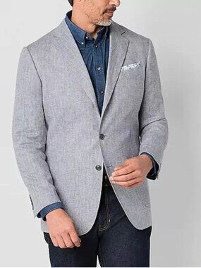 Stafford Men's Gray Herringbone Classic Fit Linen Blend Sport Jacket Blazer 54R